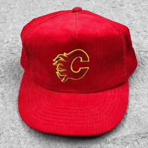 VTG Calgary Flames Hat Red‎ Corduroy NHL Hockey Snapback Trucker Adjustable Cap